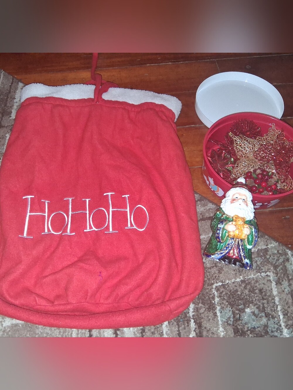 HoHoHo Red Holiday Gift Sack, Christmas Ornaments And Santa Candle